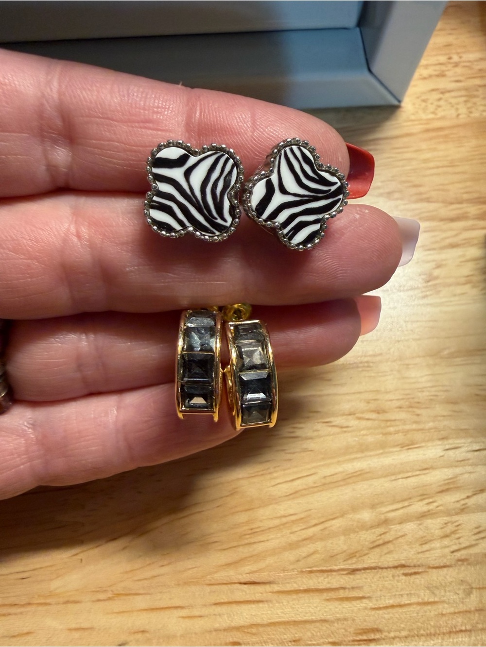 Zebra Print Flower Stud Earrings - Black & White Gold Hoops Park Lane